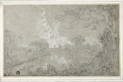 Banks of the River Dee nær Eaton Hall, Cheshire, ca. 1759 (svart og hvitt kritt på blått papir, lagt ned på kort) av Richard Wilson