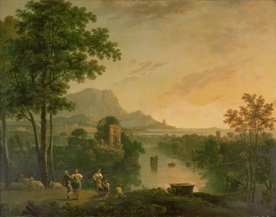 Kystlandskap om kvelden med gjetere og gjeterinner som danser av Richard Wilson