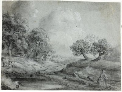 Landskap med kvinne og kyr (svart kritt med stumping, forsterket med hvitt kritt, på blått papir) av Richard Wilson
