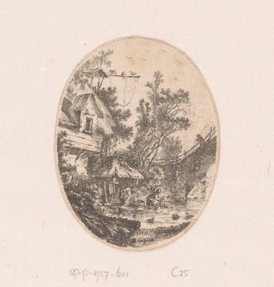 Utsikt over en elv der kvinner vasker Samling av utsikt, landskap, antikke fragmenter og historiske emner (serietittel) Recueil de griffonis, de vues, paysages, fragmenter antikviteter et sujets historiques (serietittel) av Richard de Saint Non