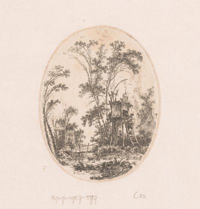 Landskap med en trekonstruksjon på påler, til venstre en kvinne på en bro Samling av utsikt, landskap, antikke fragmenter og historiske emner (serietittel) Recueil de griffonis, de vues, paysages, fragmenter antikviteter og sujets historiques ( av Richard de Saint Non