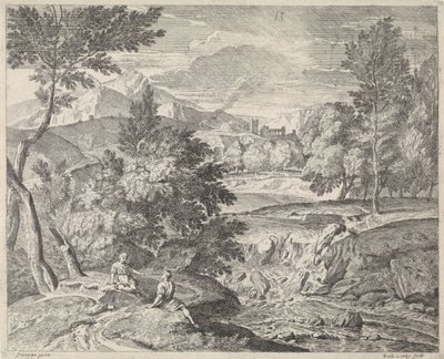 Arkadisk landskap med to figurer ved en foss av Richard van Orley (II)