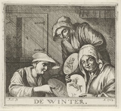 Interiør med tre bondekvinner Vinteren. (serietittel på objekt) Vinterscener (serietittel) av Rienk Jelgerhuis