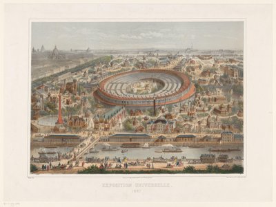 Fugleperspektiv av verdensutstillingen i 1867 i Paris Utstilling Universelle. 1867 (tittel på objekt) av Rivière