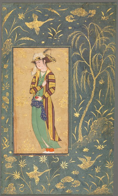Ungdom som holder et granateple, illustrasjon fra et enkeltsidemanuskript, ca. 1600-1650. av Riza yi Abbasi