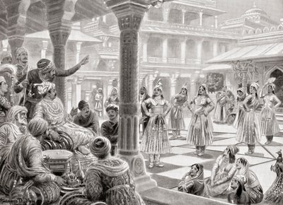 Akbar spiller pachisi eller chaupur med levende stykker på Fatehpur Sikri i 1575, fra Hutchinson