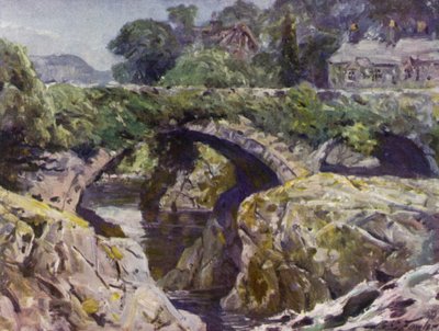 Den gamle broen, Bettws-y-Coed (farge litho) av Robert (after) Fowler