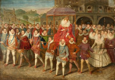 En prosesjon av dronning Elizabeth I, ca. 1800-40 (olje på panel) av Robert (after) Peake