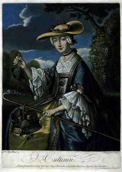Høst, gravert av C. Corbutt (Richard Purcell) (fl.1746-66), pub. av Robert Sayer, ca. 1760 (mezzotintgravering) (se også 125559-61) av Robert (after) Pyle