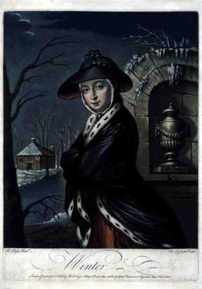 Winter, gravert av C. Corbutt (Richard Purcell) (fl.1746-66), pub. av Robert Sayer, ca. 1760 (mezzotintgravering) (se også 125558 og 125560-62) av Robert (after) Pyle