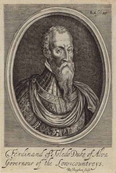 Fernando Alvarez de Toledo, tredje hertug av Alba, spansk general og guvernør i de spanske Nederlandene (gravering) av Robert (after) Vaughan