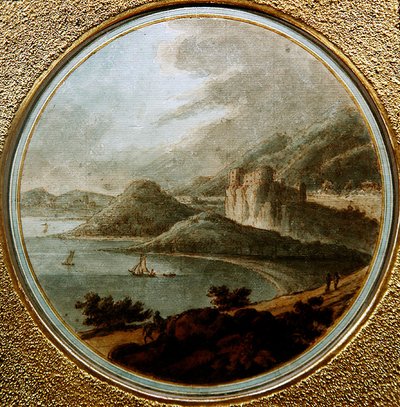 Slott over en havbukt med skip, ca. 1775 (penn og blekk med akvarell på papir) av Robert (attr. to) Adam