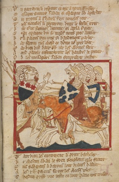 Egerton 3028 f.98 De beseirer sarasenere som er sendt for å møte dem, illustrasjon fra 