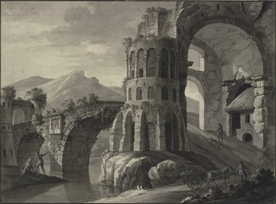Arkitektonisk fantasi. Ruin av antikk bro, flankert av middelaldertårn av Robert Adam