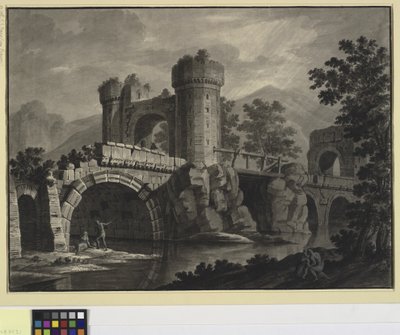 Arkitektonisk fantasi om en ødelagt bro i et landskap av Robert Adam