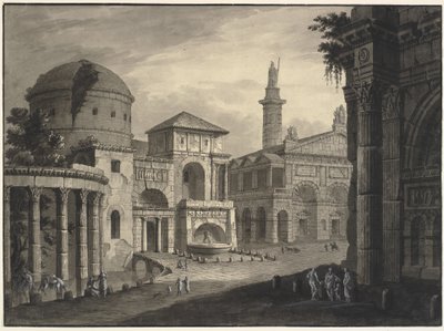 Arkitektonisk fantasi om en gammel by med et torg og mange bygninger, noen delvis i ruiner av Robert Adam