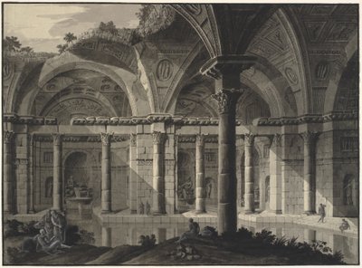 Arkitektonisk fantasi om et antikt bad med ødelagt tak og figurer av Robert Adam