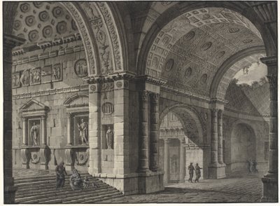 Arkitektonisk fantasi om interiøret i en gammel bygning med delvis ødelagte hvelv av Robert Adam