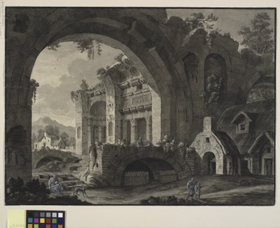 Arkitektonisk fantasi med ruiner av et antikt bad og hytter av Robert Adam