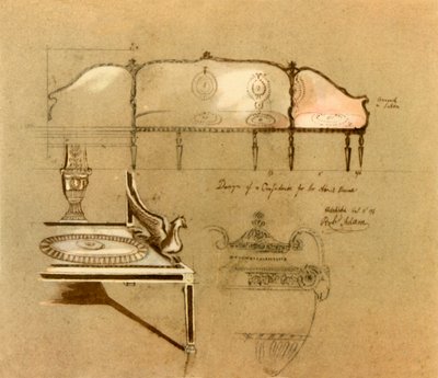 Design for a sofa, 1777, 1946.    1164828   no       norwegian Successfully Translated  Original: Ruïne van de thermen van Caracalla Romeinse ruïnes (serie 2) (series title) Translat: Ruïne van de thermen van Caracalla Romeinse ruïnes (serie 2) (series tit av Robert Adam