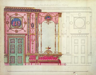 Seksjon av tegnestuen, Northumberland House, London; Design for endevegg, (penn, blekk og wc) av Robert Adam