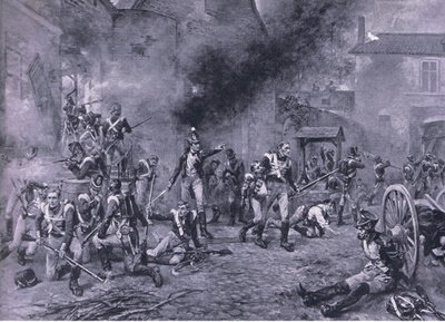 Forsvaret av Hougoumont 18. juni 1815, illustrasjon fra British Battles on Land and Sea, 1915 av Robert Alexander Hillingford
