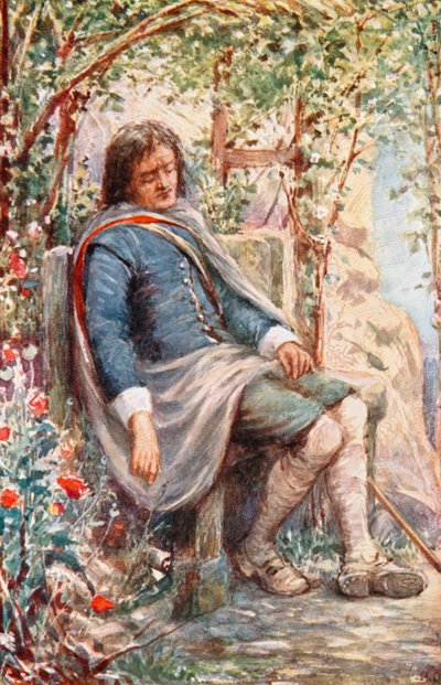 Christian sover i lysthuset (fargelitografi) av Robert Ambrose (after) Dudley