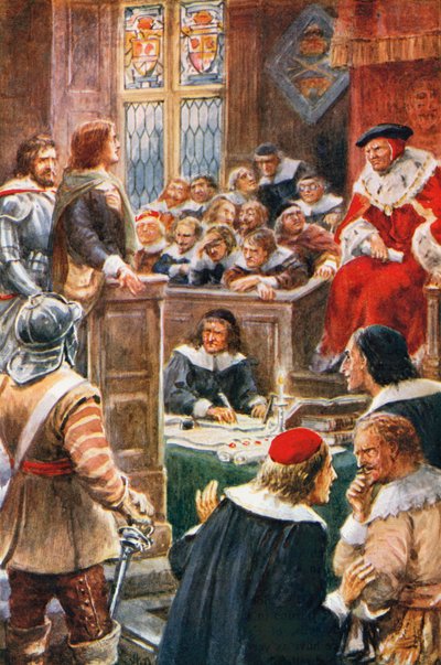 Rettssaken mot kristne og trofaste (fargelitografi) av Robert Ambrose (after) Dudley