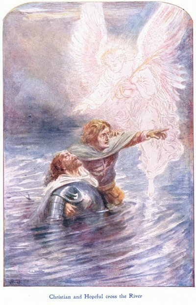 Kristne og håpefulle krysser elven, fra The Pilgrims Progress utgitt av John F Shaw & Co, ca. 1900-tallet (farge litho) av Robert Ambrose Dudley