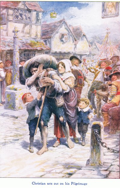 Christian legger ut på pilegrimsreisen, fra The Pilgrims Progress utgitt av John F Shaw & Co, ca. 1900-tallet (farge litho) av Robert Ambrose Dudley