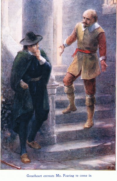 Great Heart ber Mr Fearing om å komme inn, fra The Pilgrims Progress utgitt av John F Shaw & Co, ca. 1900-tallet (farge litho) av Robert Ambrose Dudley