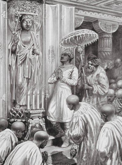 Kanishka innvier Mahayana (nordlig) buddhisme, år 100 e.Kr. (litografi) av Robert Ambrose Dudley