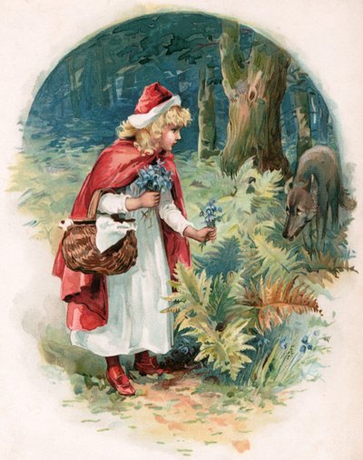 Rødhette, illustrasjon fra 'Once Upon a Time' utgitt av Ernest Mister, ca. 1900 (farge litho) av Robert Ambrose Dudley