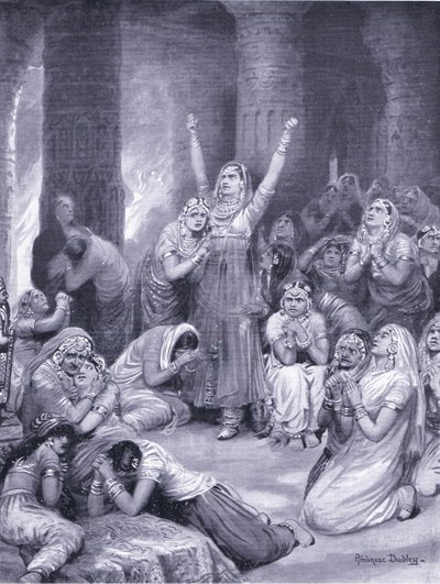 Rajput-seremonien i Jakhur (holocaust) 1567 e.Kr. (litografi) av Robert Ambrose Dudley