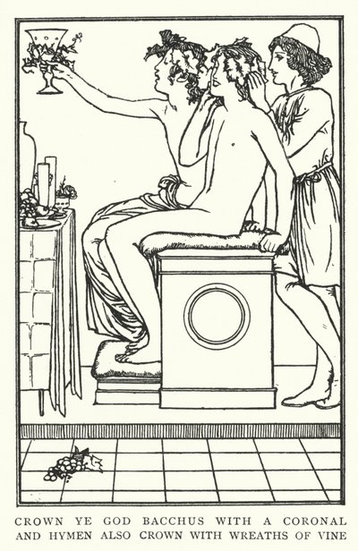 Kron dere Gud Bacchus med en koronal, og Hymen krone også med kranser av vinranker (litho) av Robert Anning Bell