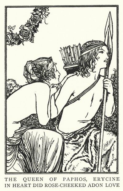 Dronningen av Pafos, Erycine, i hjertet elsket rosekinn Adon (litho) av Robert Anning Bell