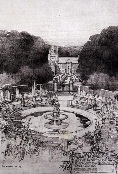 Pittencrieff House fra Pond Garden, fra Thomas Mawsons "Studier in Town Planning" av Robert Atkinson