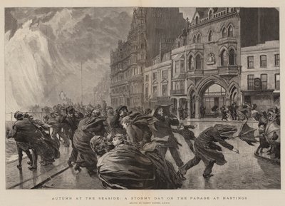 Høst ved sjøen, en stormfull dag på paraden i Hastings av Robert Barnes
