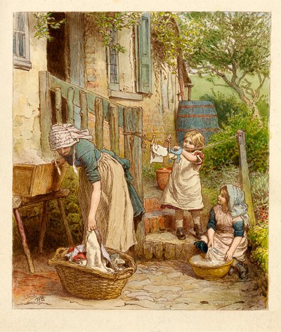 Mor og barn henger ut Vasking, pub. 1854. av Robert Barnes