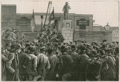 The Great Strike of Dock Labourers at East End: Mr John Burns henvender seg til mennene som streiker ved portene til East and West India Docks av Robert Barnes