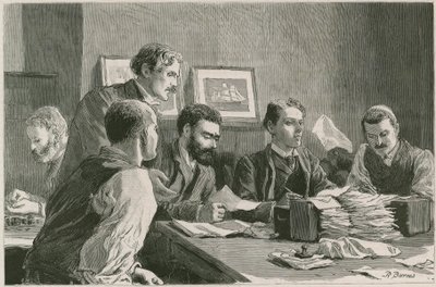 The Great Strike of Dock Laborers at East End: Finanskomiteen utsteder hjelpebilletter ved Wade Arms, Jeremiah Street, Poplar, de streikendes hovedkvarter av Robert Barnes