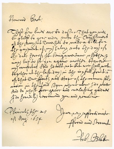 Brev fra admiral Robert Blake til kommissærene for admiralitetet, 25. august 1654. av Robert Blake