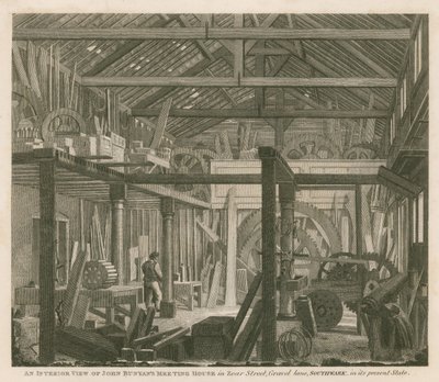 Et interiørbilde av John Bunyans møtehus i Zoar Street, Gravel Lane, Southwark, i sin nåværende tilstand av Robert Blemell Schnebbelie