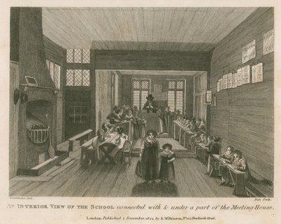 Et interiørbilde av skolen knyttet til og under en del av det som tidligere var John Bunyans møtehus av Robert Blemell Schnebbelie