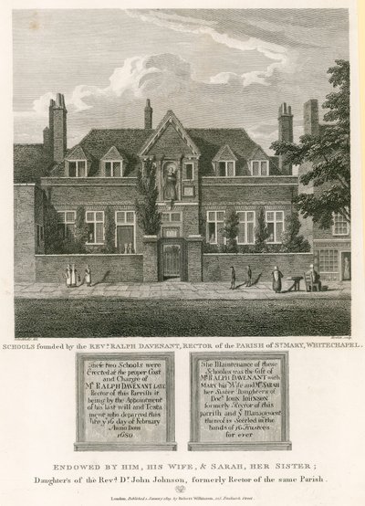 Skoler grunnlagt av pastor Ralph Davenant, rektor for Parish of St Mary, Whitechapel av Robert Blemell Schnebbelie
