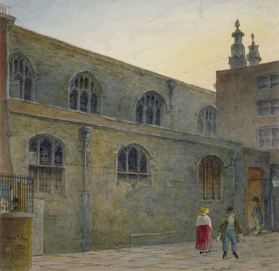 Nordsiden av Guildhall Chapel som viser inngangen til Cutthroat Alley, City of London, 1820 av Robert Blemmell Schnebbelie