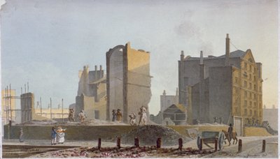 Ødelagt bygning, Commercial Road, Stepney, London, 1820 av Robert Blemmell Schnebbelie