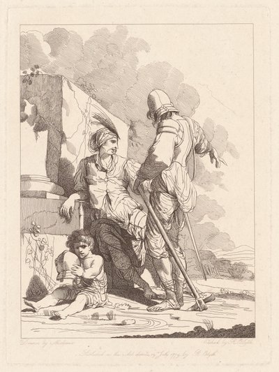 To soldater og barn som holder en hjelm av Robert Blyth, after John Hamilton Mortimer