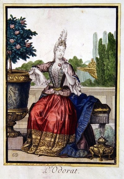The Five Senses: Smelling (fargegravering) av Robert Bonnart