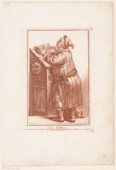 Mann som leser bak en talerstol La forelesning (tittel på objekt) Figurstudier (serietittel) Exercises d'imagination de differens Caractères et formes humaines ((...)) Suite 1 (serietittel) av Robert Brichet